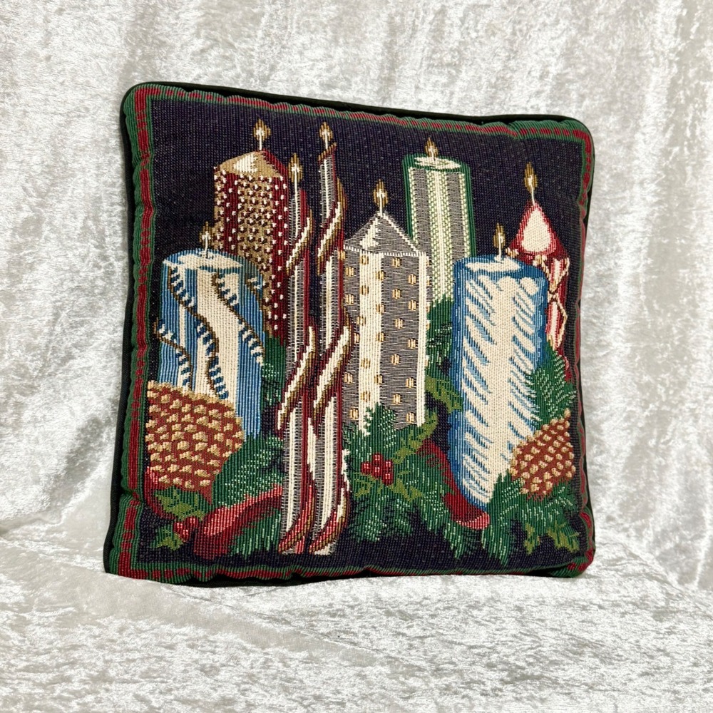 Vintage Christmas Candle Tapestry Accent Pillow Cozy Holiday Decor 18" x 18" - Picture 6 of 7